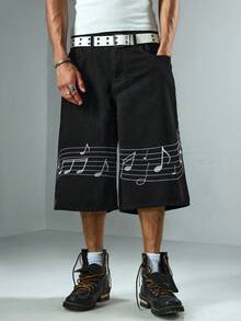 ROMWE MEN Street Life شورتات جينز واسعة الساق مطرزة بنوتة موسيقية للرجال