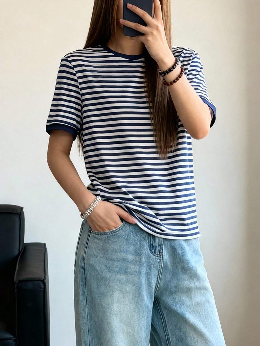 Manfinity Unisex 男士条纹修身圆领T恤，夏季