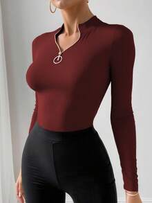 INAWLY Tricou cu mânecă lungă, croială slim, culoare solidă, mărime plus, pentru femei - Burgundia - Vizualizare 3