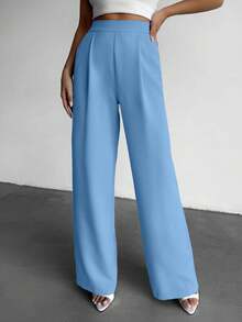 EURMUSE Fashionable Versatile Solid Color High Waist Wide Leg Pants - Baby Blue - View 3