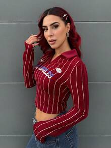 Bearsaez Camiseta de manga larga con cuello de solapa, gráficos vintage Y2K, para salir, festivales y conciertos de otoño, color borgoña