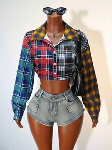 Mistrie Chaqueta casual de estilo sexy con cuello de camisa y estampado a cuadros en contraste