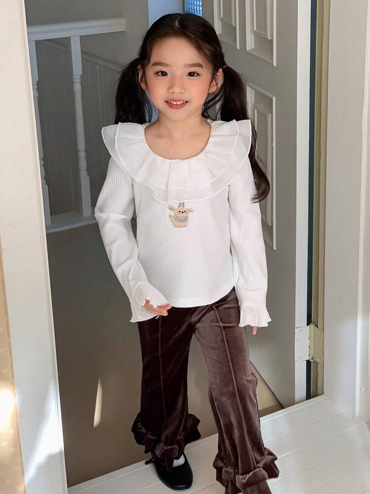 Young Girl' Peter Pan Collar Cartoon Embroidery Long Sleeve T-Shirt, Spring/Autumn