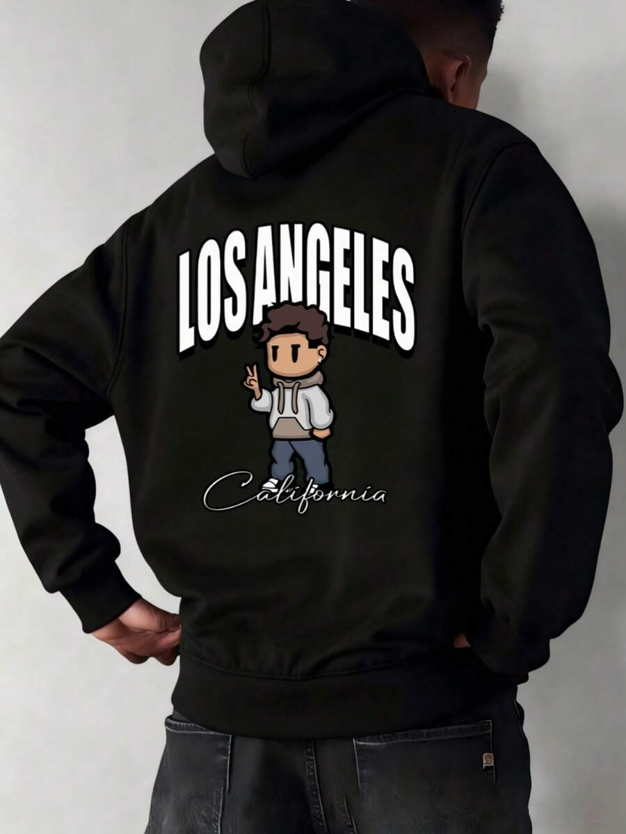 Hombre005-1 ¡Oferta limitada! Sudadera con capucha Cremallera Sudadera con capucha y cremallera unisex de alta calidad. Cálida, cómoda y trendy  ahorra hoy en tu básico de temporada Cazadora con capucha negra con ilustración de personaje cartoon y el texto "LOS ANGELES" y "California" en el dorso, perfecta para mostrar tu estilo californiano - Negro - Ver 1