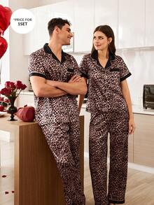 SHEIN 男士仿丝豹纹印花滚边开衫睡衣套装 - 摩卡棕 - 查看 1