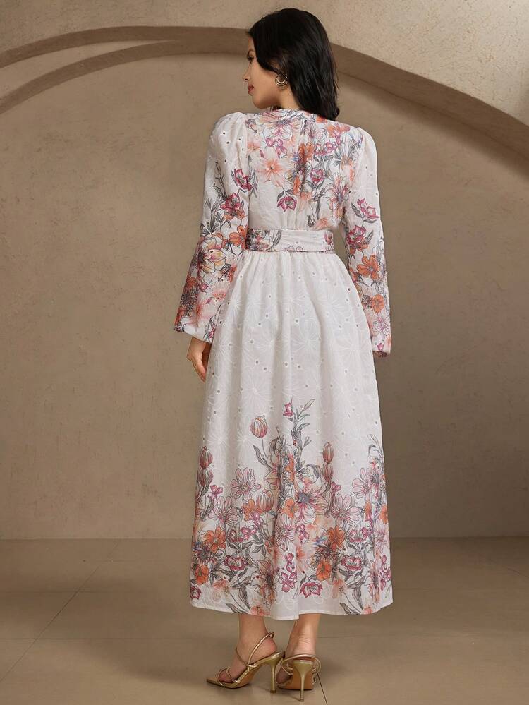 Women's Floral Print V-Neck Long Sleeve Dress Maxi Dress