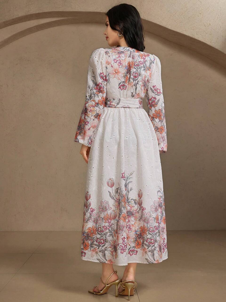 Women's Floral Print V-Neck Long Sleeve Dress Maxi Dress