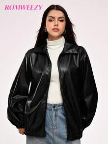 Sparklyn 少女纯色宽松外套，PU材质，光泽亮丽，百搭纯色设计，适合日常穿着、通勤，尽显青春活力，秋冬季必备。 - 黑色 - 查看 4