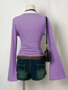 EgrlEra Áo thun nữ cổ chữ V nhún bèo, kiểu dáng thường ngày, đa năng, tay loe, thích hợp cho kỳ nghỉ, du lịch. - Màu tím hoa cà - Xem 2