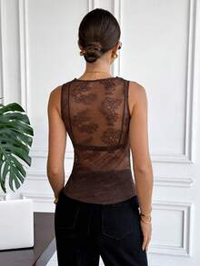 Serisse 女士时尚深V领半透明网纱背心 - 棕色 - 查看 2