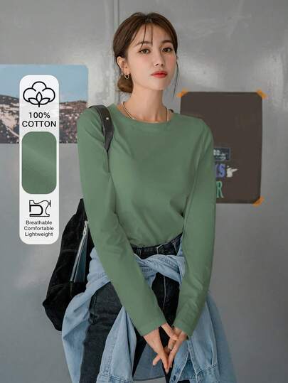 DAZY Solid Color Round Neck Raglan Long Sleeve Loose Casual Minimalist T-Shirt