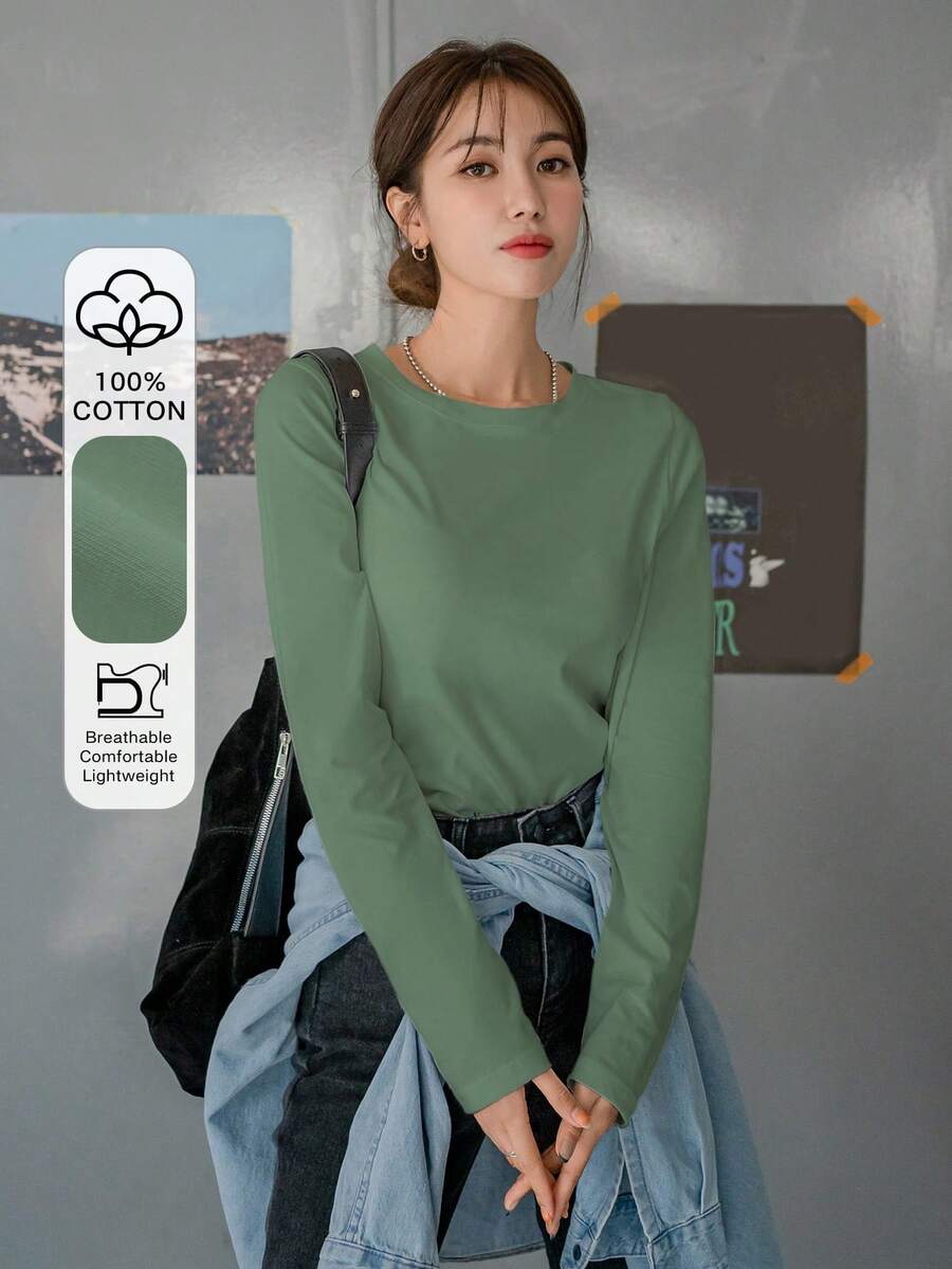 DAZY Áo thun dài tay cổ tròn raglan màu trơn, dáng rộng, phong cách tối giản thường ngày. - màu xanh lá - Xem 1
