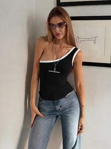 DAZY 女士性感百搭字母印花无袖上衣，适合度假和派对穿着，Y2K风格 - 黑色 - 查看 4