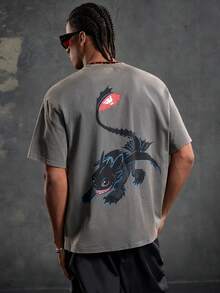 SHEIN How to Train Your Dragon Camiseta de manga corta holgada con gráfico de letra de dibujos animados para uso casual y diario, verano - Gris - Ver 1