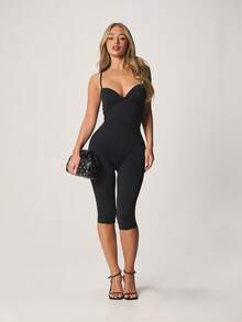 MISSGUIDED Women's Sweetheart Neckline Spaghetti Strap Bodycon Jumpsuit Capri Length Party Evening Outfit Sleeveless One Piece - Black - View 1