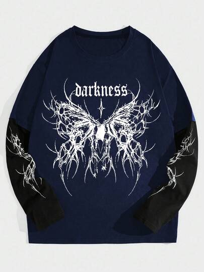 Goth Men's Minimalist Graphic Print Crew Neck Long Sleeve T-Shirt