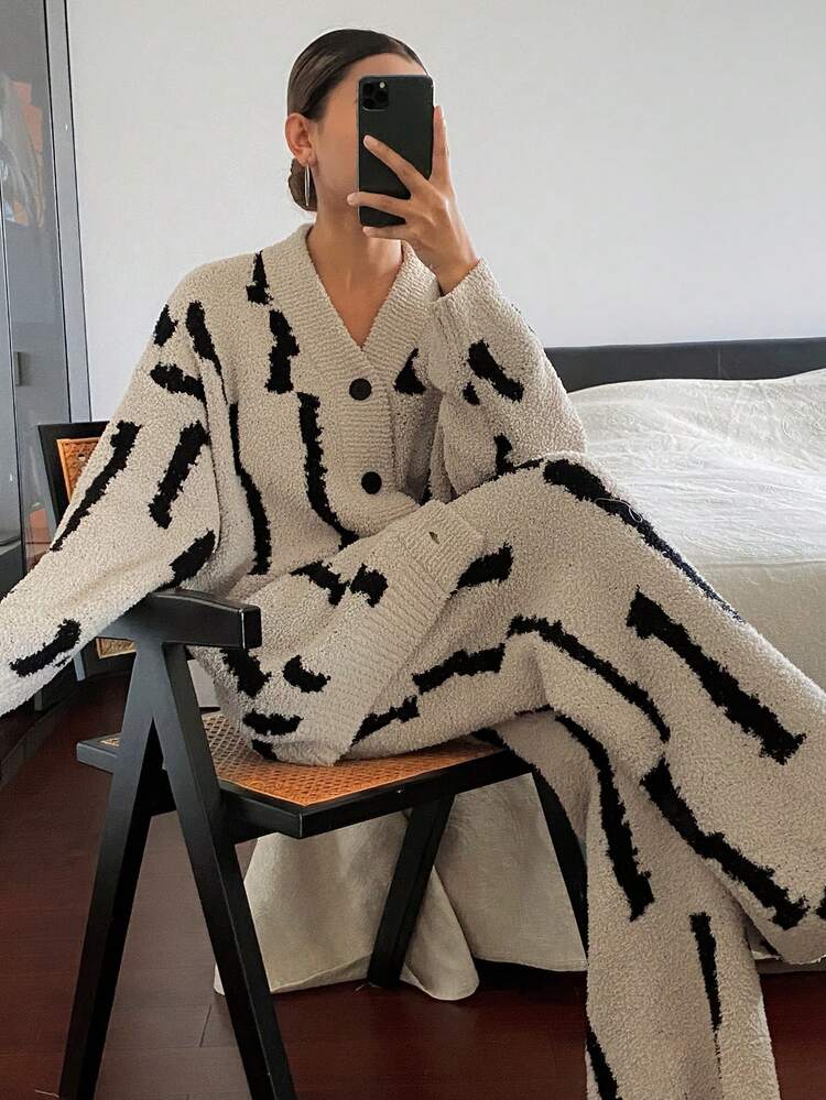 2pcs Women's Knitted Cardigan And Pants Pajama Set, Black Striped Textured Pattern, Winter