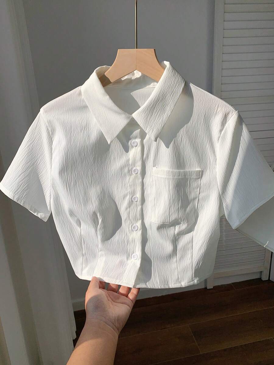 SHEIN EZwear Áo sơ mi nữ Túi Nút phía trước màu trơn Giải trí - trắng - Xem 1