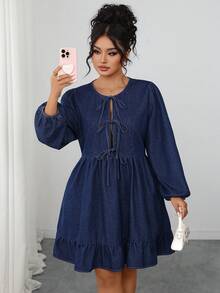Elenzga 大码女式休闲抽绳荷叶边牛仔连衣裙 - 藍色 - 查看 6