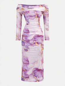 SHEIN Tween Girls Snug Fit Casual Minimalist Comfortable Off-Shoulder Cinched Waist Midi Dress