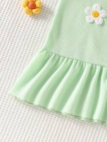 Genkimix Kids Young Girl' Knitted Waffle Fabric Cute Embroidered Daisy Vacation Dress - Green - View 4