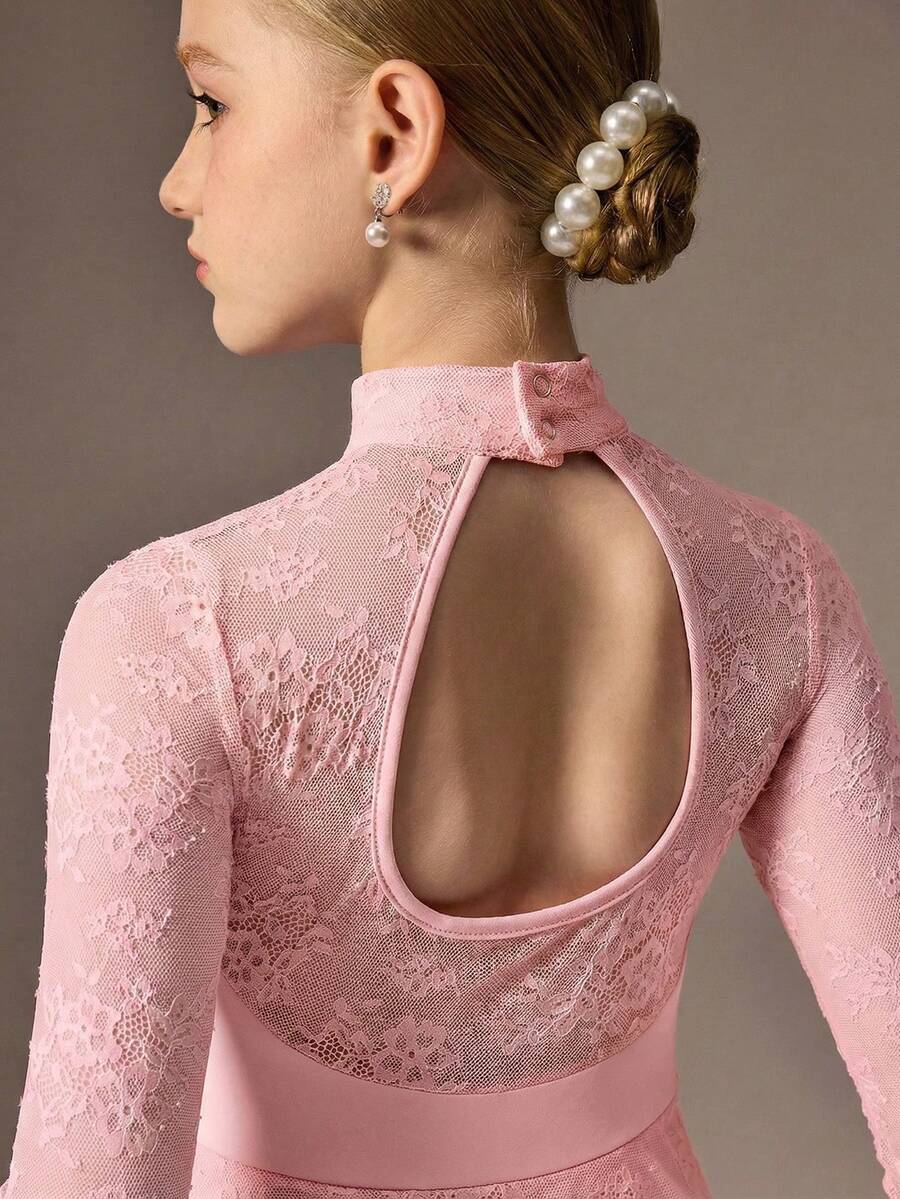 SHEIN Tween Girls Activewear Leotard, Suitable For Ballet, Back To School, Campus Workout, Training, Competition, Casual Wear. Fashionable Stretchy Mesh Long Sleeve Design, Comfortable & Elastic Dance Sportswear - Pink - View 1