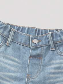 SHEIN Playful Pals 女婴休闲百搭简约Y2K街头风做旧宽松直筒水洗蓝色舒适牛仔裤，适合日常穿着 - 淺色水洗藍 - 查看 4