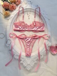 Crystal Vow 2pcs Women's Burgundy Romantic Embroidery Lace-Up Thong Lingerie Set - Pink - View 2