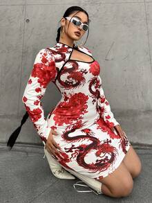 Sunspun Elegant Y2K Chinese Style Dragon Print Slim Fit Knee-Length Cheongsam Dress, Plus Size, Red Chinese Outfit Women Red And White Dress Women Asian Inspired Apparel Dragon Print Dress - Multicolor - View 4