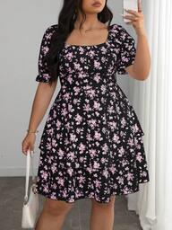 Elenzga Plus Size Women's Elegant French Style Blue & White Floral Double Ruffle Hem Short Sleeve Dress, Summer Square Neck Dress Women Plus Dress Plus Size Milkmaid Dress Tea Party Dress Curve Plus Size Floral Dress