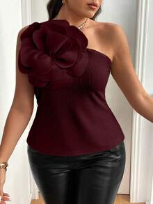 Vionelle 大码女士优雅纯色3D立体花卉装饰单肩上衣 - 酒紅色 - 查看 7