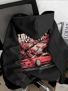 Manfinity Dauomo Y2K赛车与樱花图案T恤，男士宽松舒适长袖连帽T恤，适合休闲户外穿着 - 黑色 - 查看 3