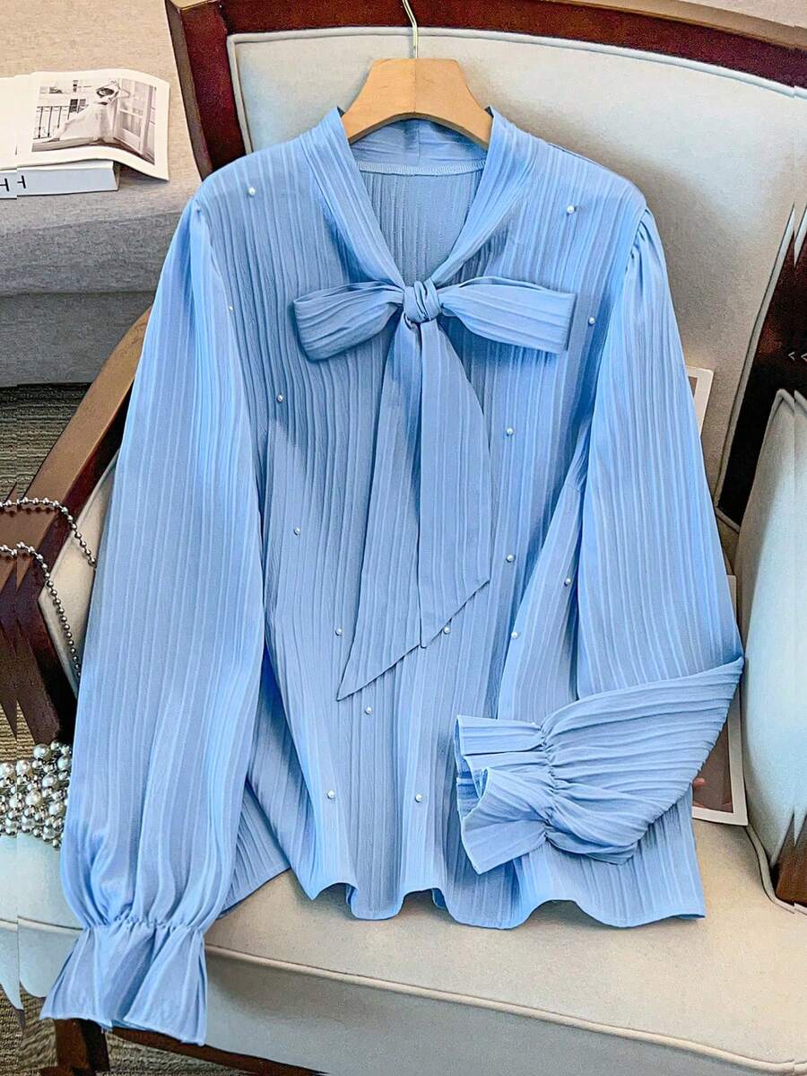 GlowEve CURVE Plus Size Elegant Commuter Shirt With Pearl Decor Collar And Tie - Blue - View 1