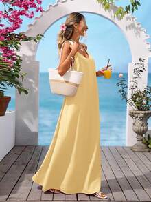 Vivid Eden V-Neck Backless Casual Textured Fabric Dress For Women, Suitable For Outing & Vacation - Light Yellow - View 5
