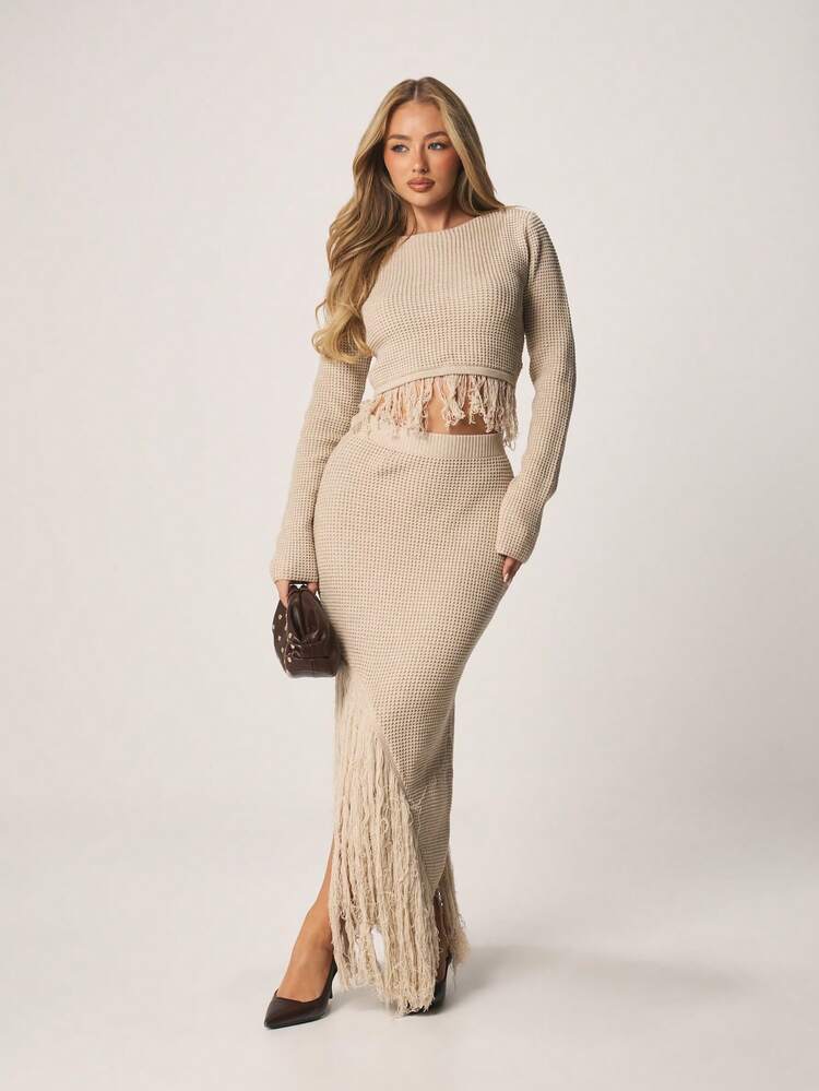 MISSGUIDED Chunky Knit Sweater Coord Set With Fringe Detail Crop Top And Bodycon Maxi Skirt Fall Winter Lounge Set