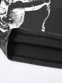 ROMWE MEN Street Life Men's Casual Cupid Angel Slogan Print Washed Drawstring Waist Loose Shorts, Fashionable Street Style For Summer - Black - View 4