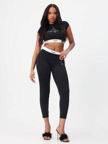 Logo Crop Top With White Contrast Band Trim Short Sleeve Crew Neck Casual Lounge Wear - Black - View 1