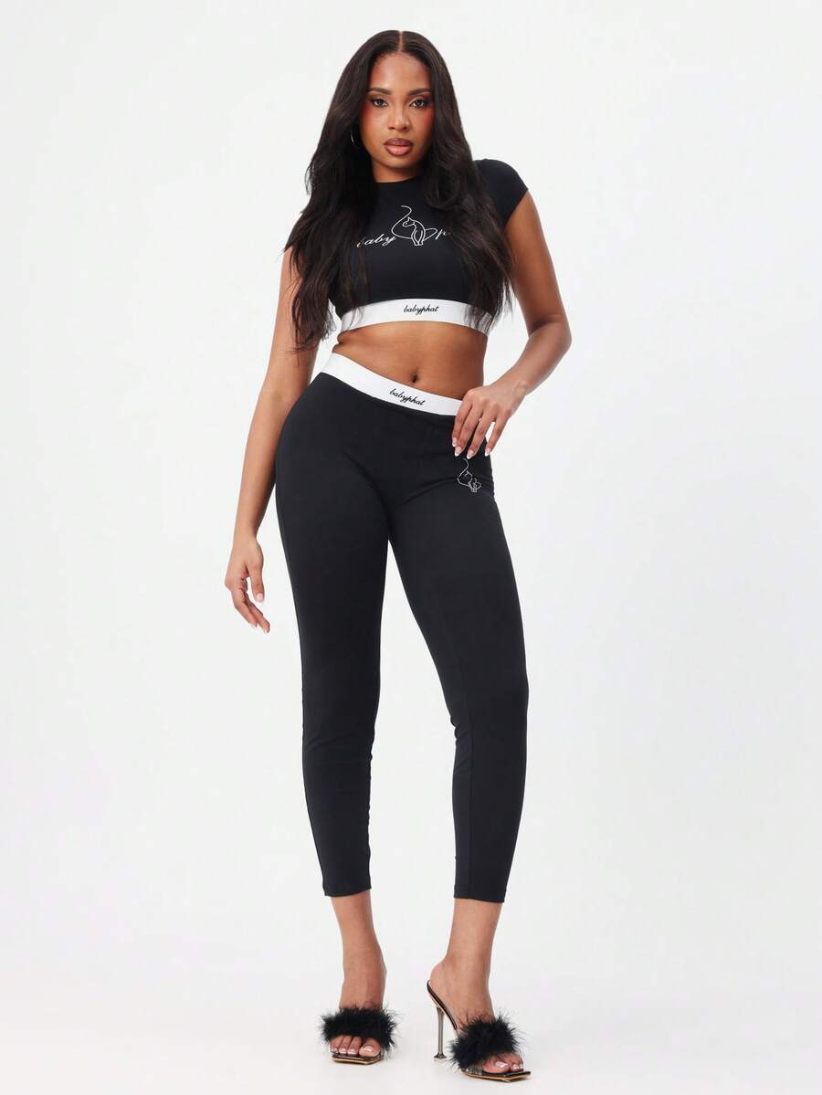 Logo Crop Top With White Contrast Band Trim Short Sleeve Crew Neck Casual Lounge Wear - Black - View 1