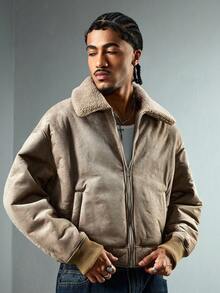 ROMWE MEN Street Life Men's Solid Color Minimalist Everyday Zip-Up Warm Long Sleeve Jacket Coat - Brown - View 5