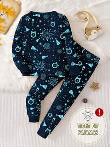 1 set Jeune garçon Édition limitée 2026 Pyjama à manches longues ajusté avec imprimé phosphorescent, Pyjama ajusté (Ce produit nécessite une exposition à la lumière UV pour briller. La version ajustée est petite, veuillez commander une taille au-dessus si vous êtes préoccupé) - Bleu marine - Voir 3