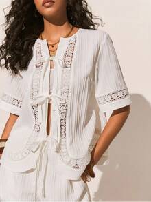 Poéselle Women's White Notched Neck Half Sleeve Woven Blouse And Shorts Set Casual Two Piece Outfit - White - View 6