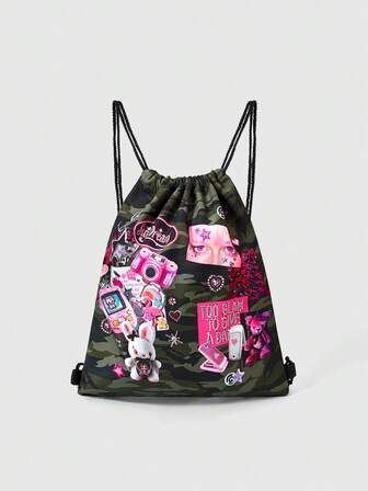 Grunge Punk Zaino con coulisse di grande capacità con stampa vintage mimetica, pentagramma e numeri, zainetto casual alla moda unisex, borsa da palestra, adatto per scuola, vacanza, festa, shopping