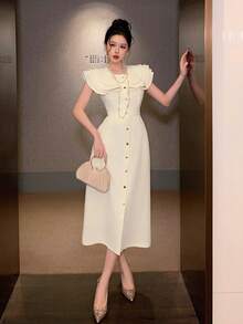 DAZY Women's Elegant Ruffled Hem Solid Color Dress, Summer Wedding Guest Dress Sundress - Beige - View 7