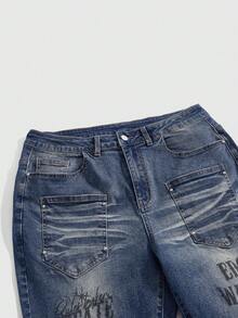 ROMWE Grunge Punk Plus Size Casual Washed Slogan Print Flare Jeans - Medium Wash - View 4