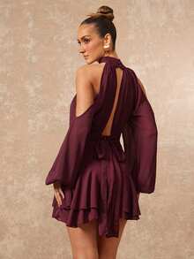 Lumalex 女士新款梅紫色纯色迷你连衣裙，长袖灯笼袖设计，A字裙，派对连衣裙，约会连衣裙，下午茶连衣裙，秋季/新年女装，春季浪漫约会音乐节系带长袖荷叶边迷你连衣裙，性感紫色露肩褶皱设计长袖修身喇叭优雅连衣裙，春夏奢华舞会聚会派对宴会，低调奢华闪亮假日派对狂欢节郊游度假热门户外层次丰富的婚礼季宴会宰牲节派对新年紫色性感连衣裙派对晚宴晚宴秋季情人节派对礼服 - 紫色 - 查看 3