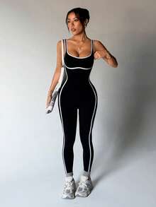Dewbera Bộ đồ tập yoga liền mạch, viền trắng tương phản, sọc trắng bên hông, dáng ôm, thời trang và gợi cảm, phù hợp cho tập thể dục, chạy bộ, aerobic, thoải mái và đa năng. - màu đen - Xem 1