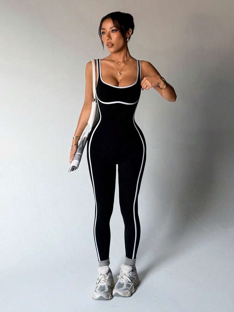 Dewbera Bộ đồ tập yoga liền mạch, viền trắng tương phản, sọc trắng bên hông, dáng ôm, thời trang và gợi cảm, phù hợp cho tập thể dục, chạy bộ, aerobic, thoải mái và đa năng. - màu đen - Xem 1