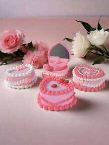 Joivida 1个心形饰品收纳盒，带镜子和抽屉 - 逼真的草莓奶油蛋糕设计，粉白相间的塑料桌面收纳盒，适用于项链、耳环、发带等 - 情人节、母亲节礼物（无需电源），珠宝礼盒，浪漫唯美装饰品 - 彩色 - 查看 6