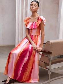 Aveloria Modichic 法式别致小众品质缎面长裙，弹力褶皱荷叶边露肩百搭度假风无袖连衣裙，修身显瘦 - 玫紅色 - 查看 4