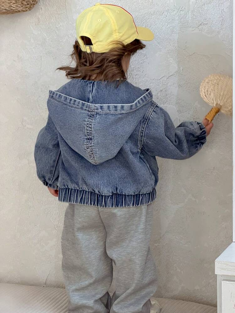 Toddler Girls' Casual Loose Fit Korean Style Washed Denim Hooded Top